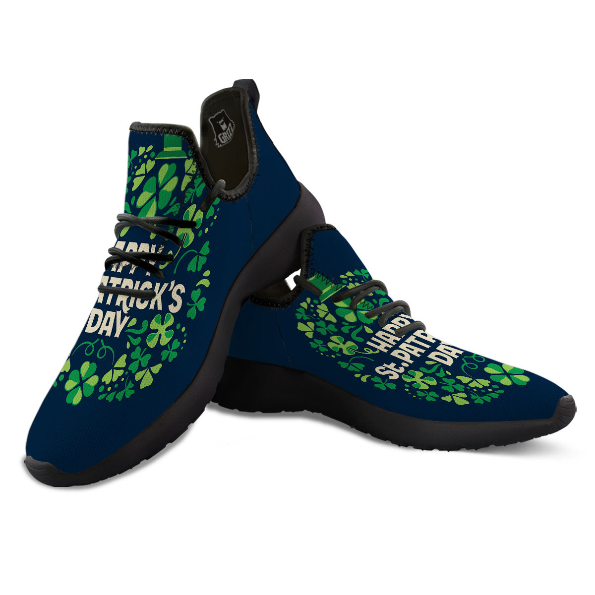 St. Patrick's Day Green Clover Print Black Athletic Shoes-grizzshop