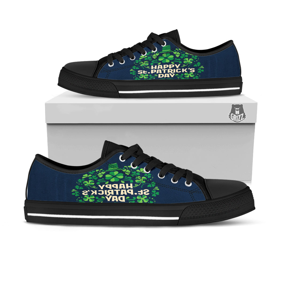 St. Patrick's Day Green Clover Print Black Low Top Shoes-grizzshop