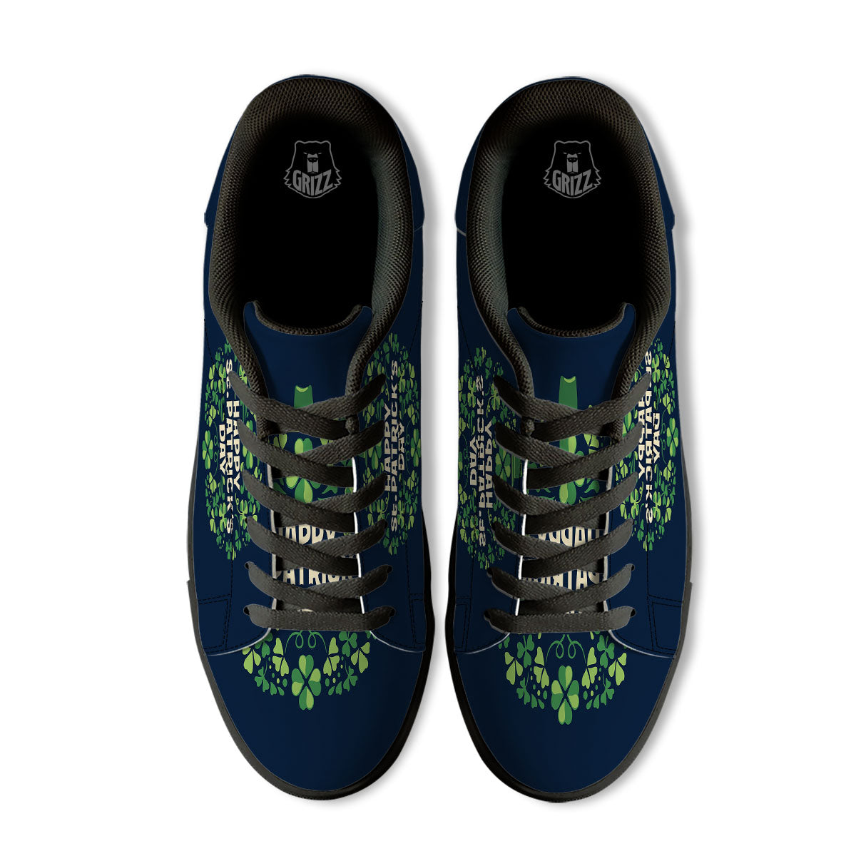 St. Patrick's Day Green Clover Print Black Low Top Sneakers-grizzshop