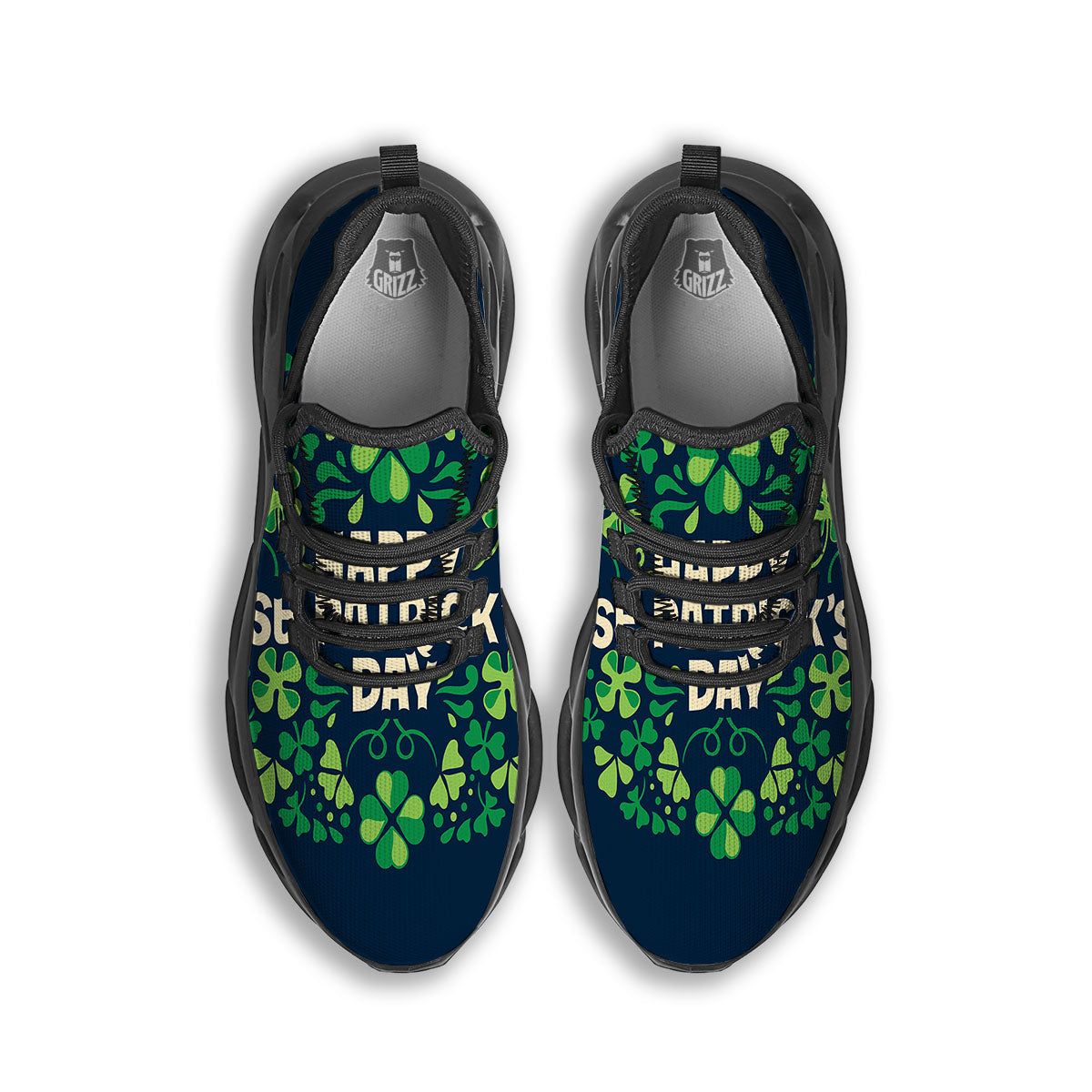 St. Patrick's Day Green Clover Print Black Running Shoes-grizzshop