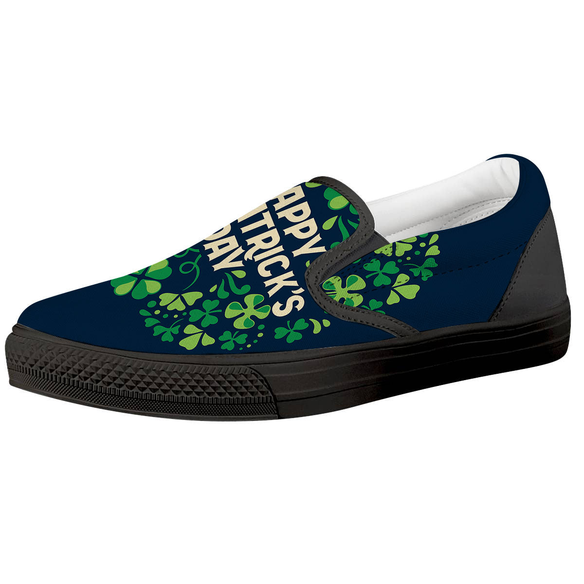 St. Patrick's Day Green Clover Print Black Slip On Shoes-grizzshop