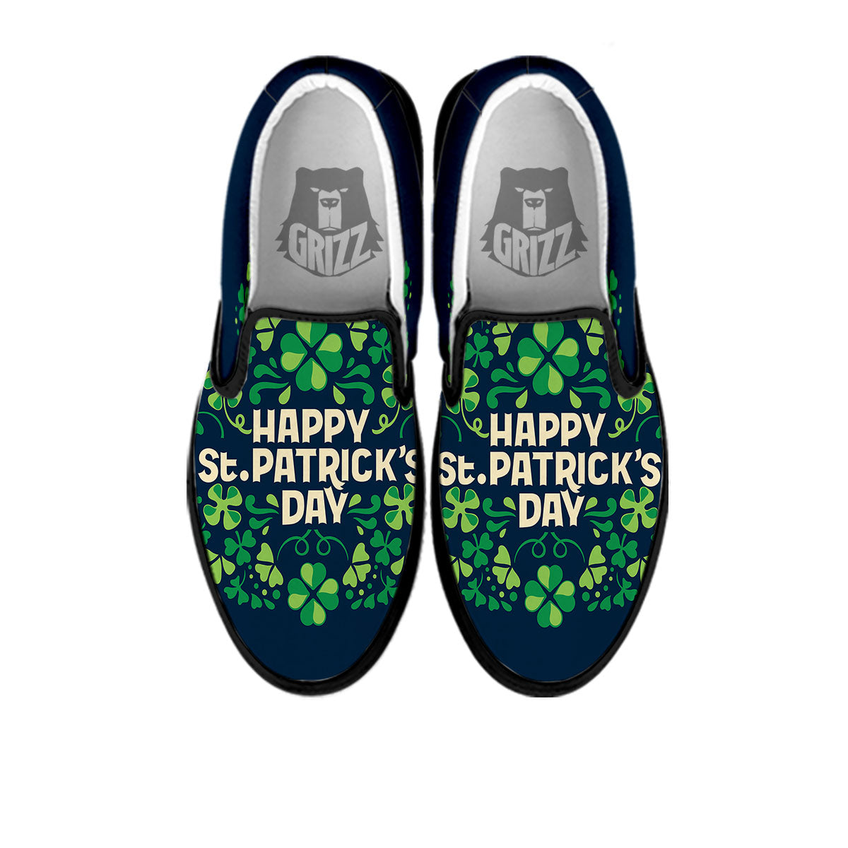 St. Patrick's Day Green Clover Print Black Slip On Shoes-grizzshop