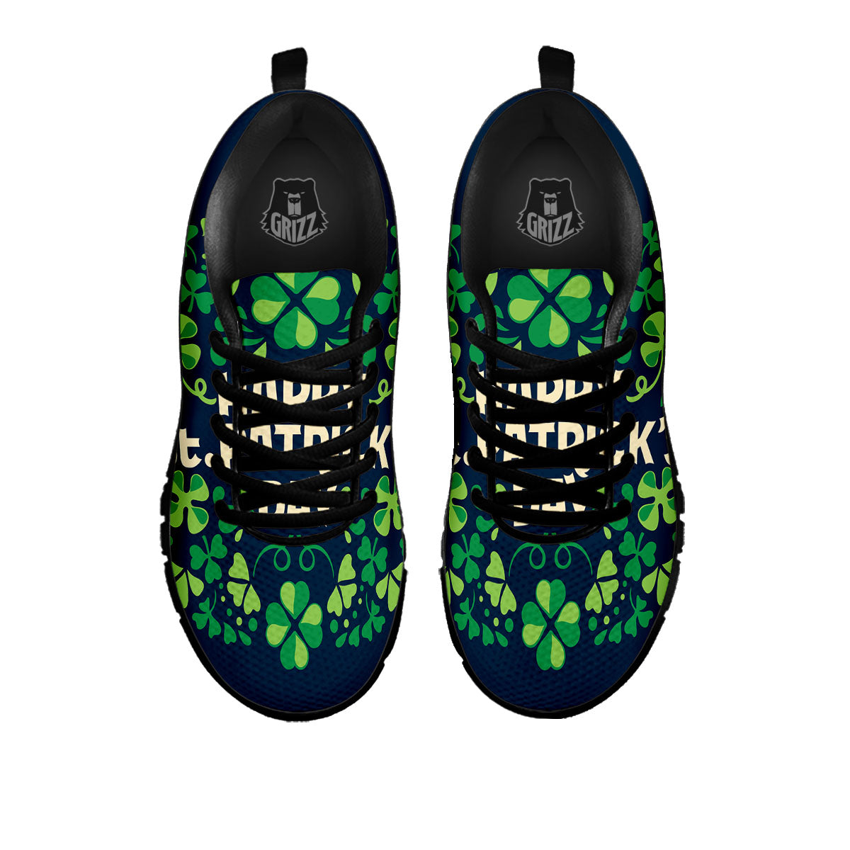 St. Patrick's Day Green Clover Print Black Sneaker-grizzshop