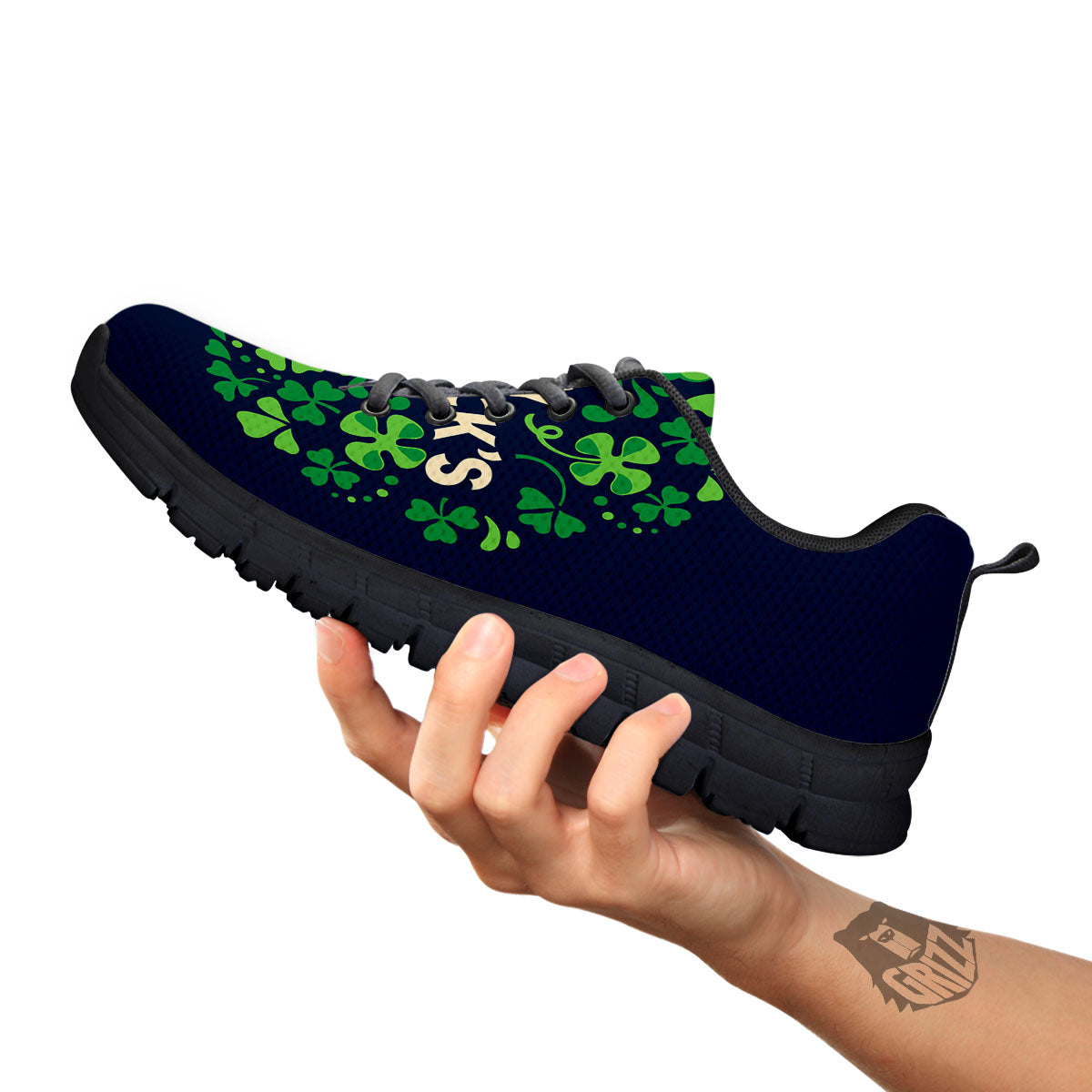 St. Patrick's Day Green Clover Print Black Sneaker-grizzshop