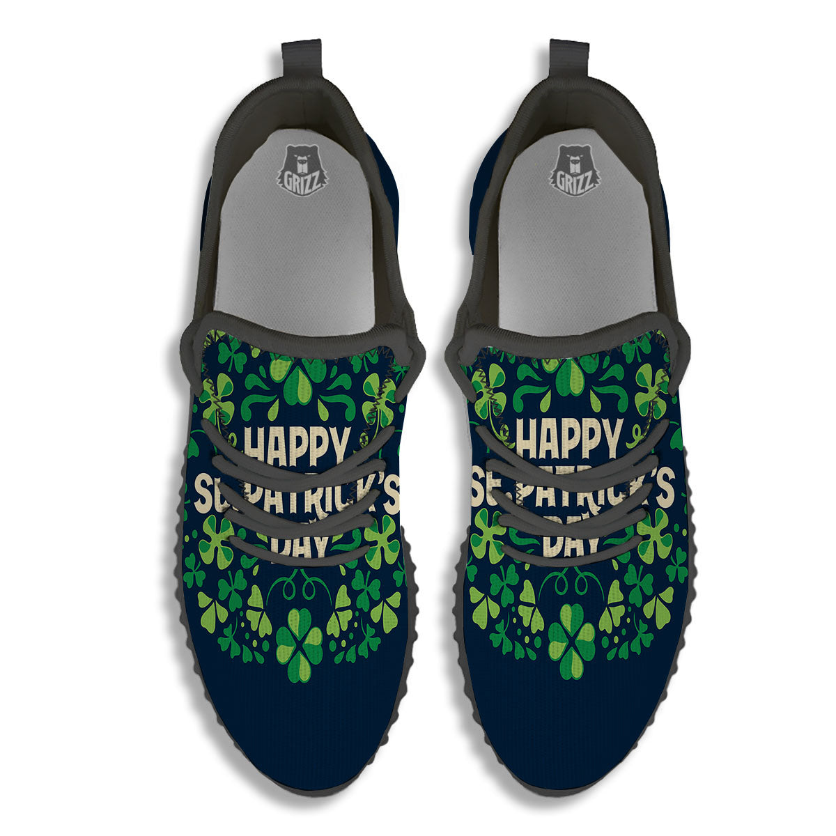 St. Patrick's Day Green Clover Print Black Walking Shoes-grizzshop