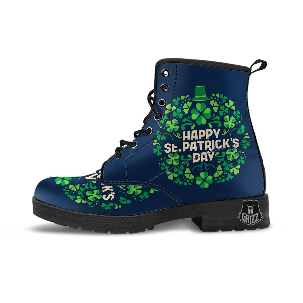 St. Patrick's Day Green Clover Print Leather Boots-grizzshop