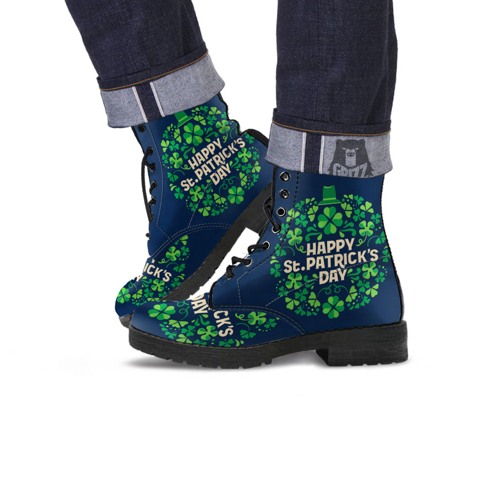 St. Patrick's Day Green Clover Print Leather Boots-grizzshop