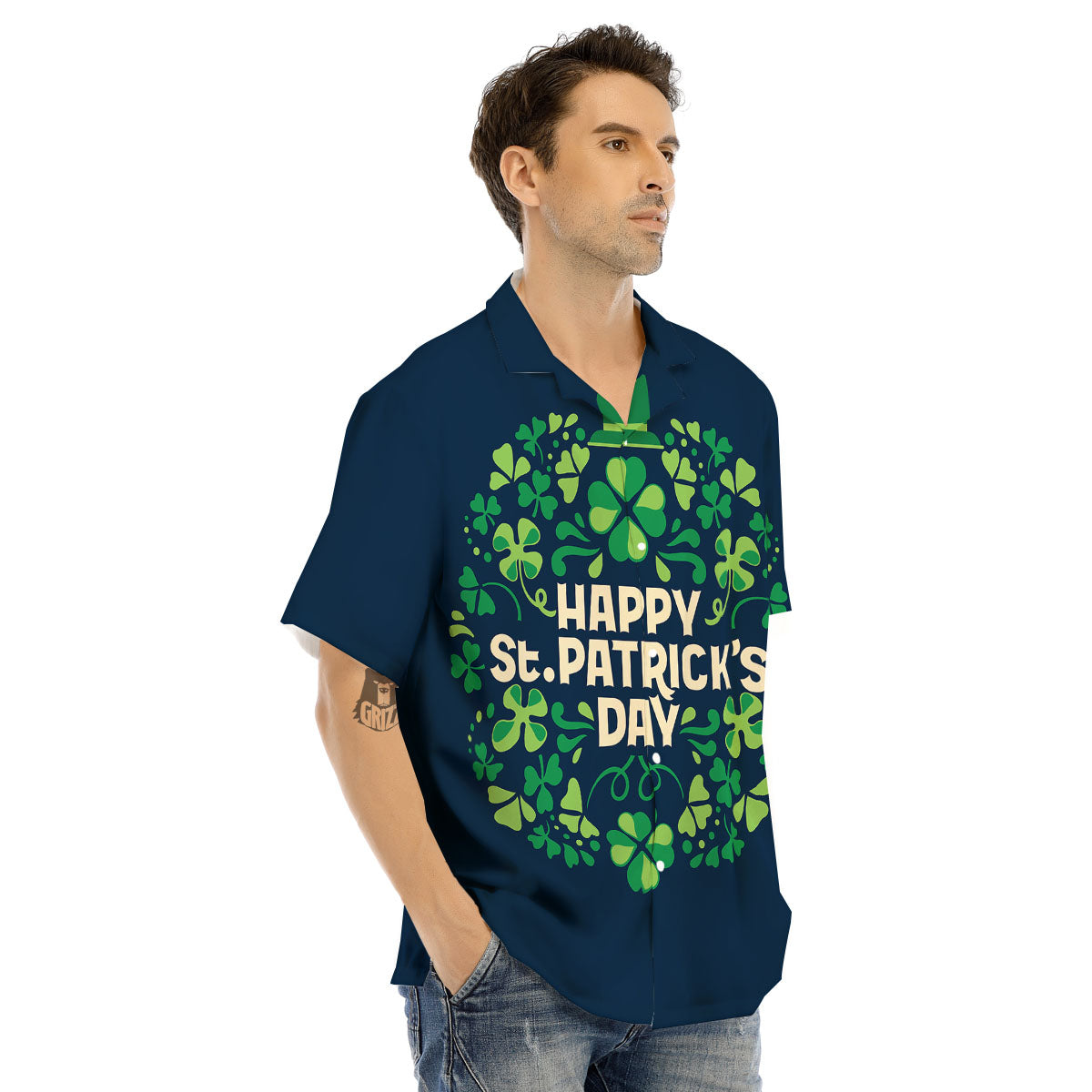 St. Patrick's Day Green Clover Print Men's Hawaiian Shirt-grizzshop