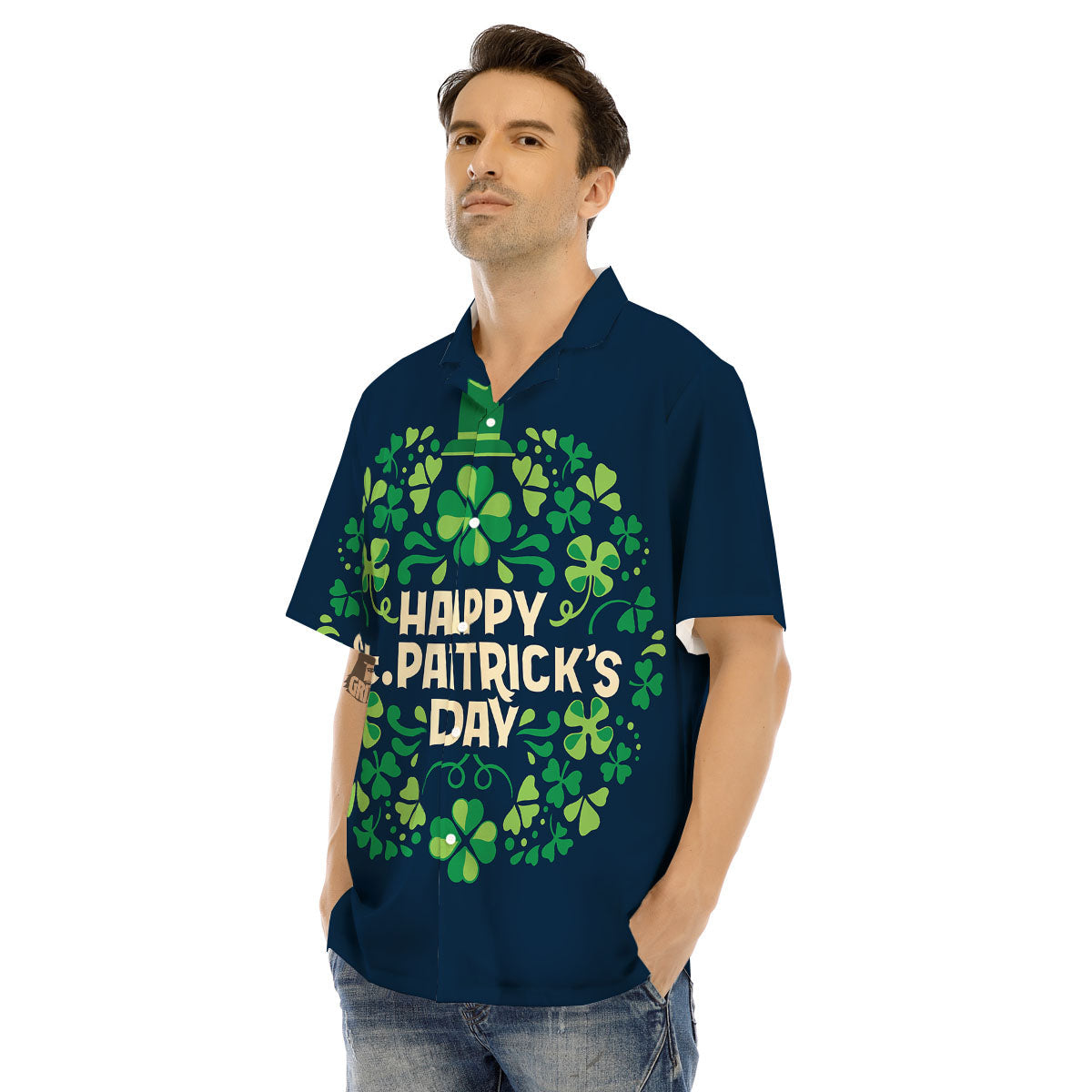 St. Patrick's Day Green Clover Print Men's Hawaiian Shirt-grizzshop