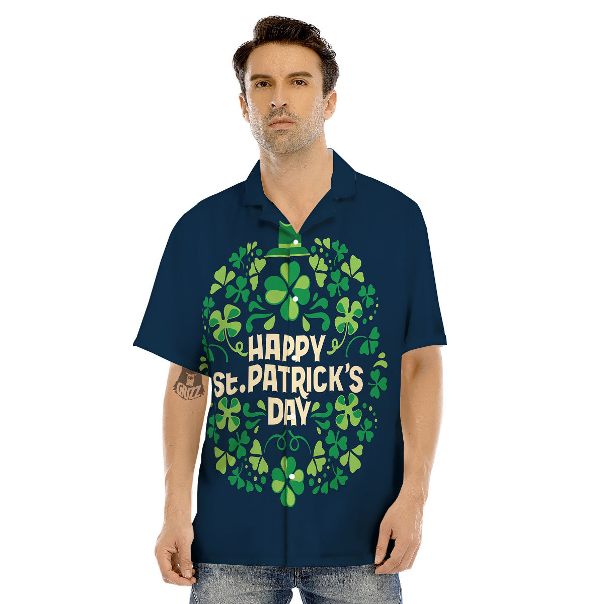 St. Patrick's Day Green Clover Print Men's Hawaiian Shirt-grizzshop