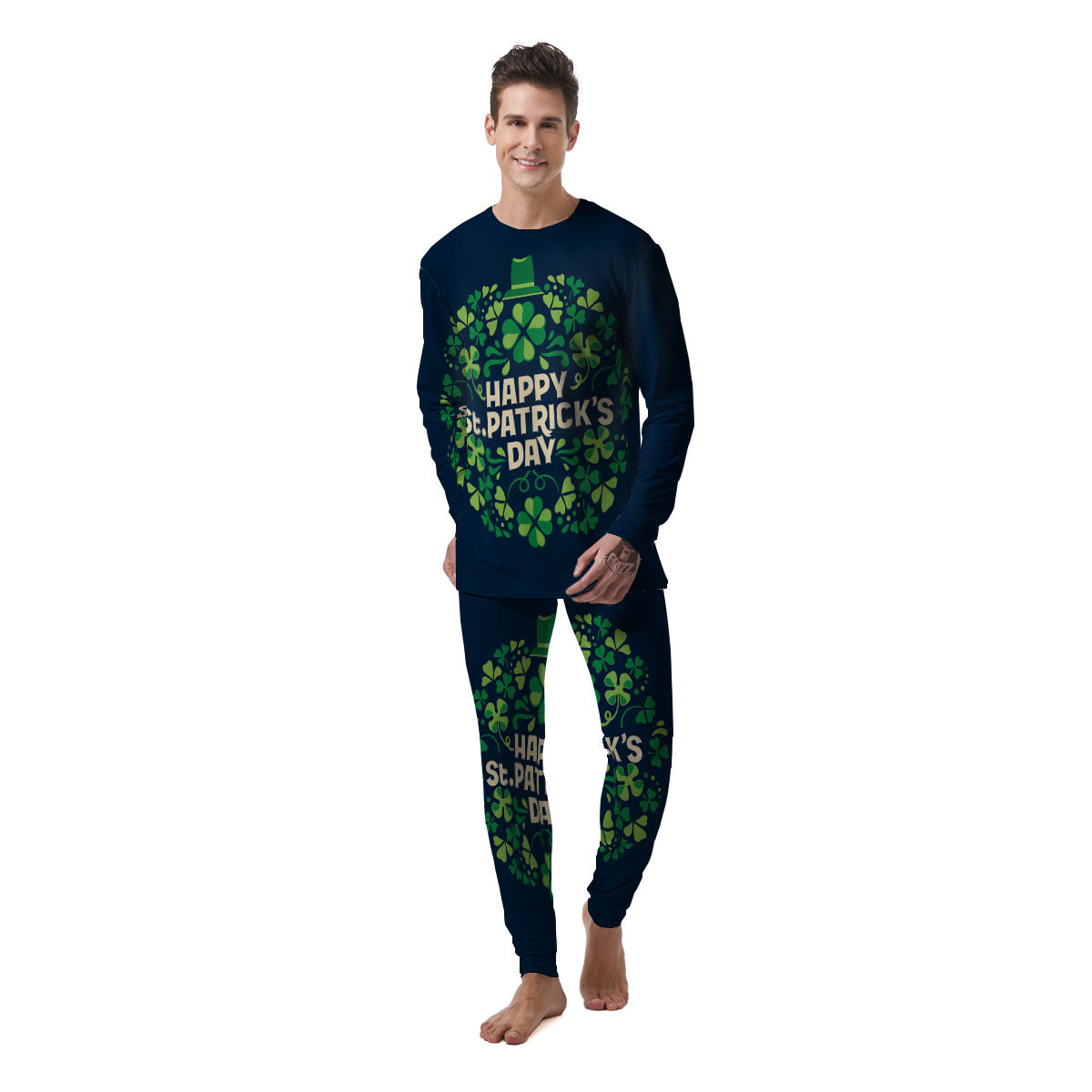 St. Patrick's Day Green Clover Print Men's Pajamas-grizzshop