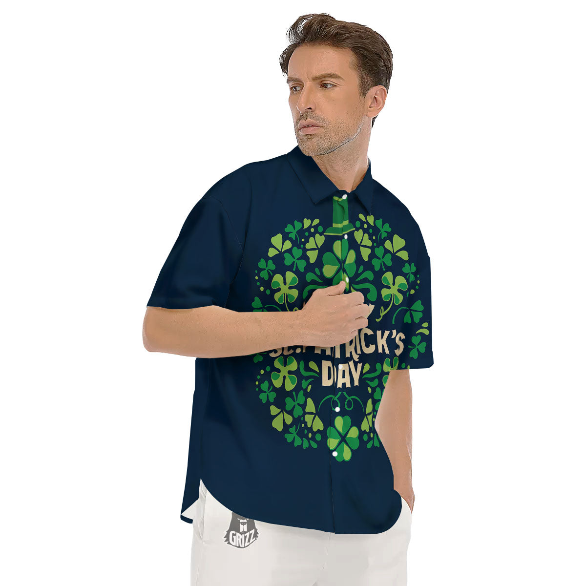 St. Patrick's Day Green Clover Print Men's Short Sleeve Shirts-grizzshop