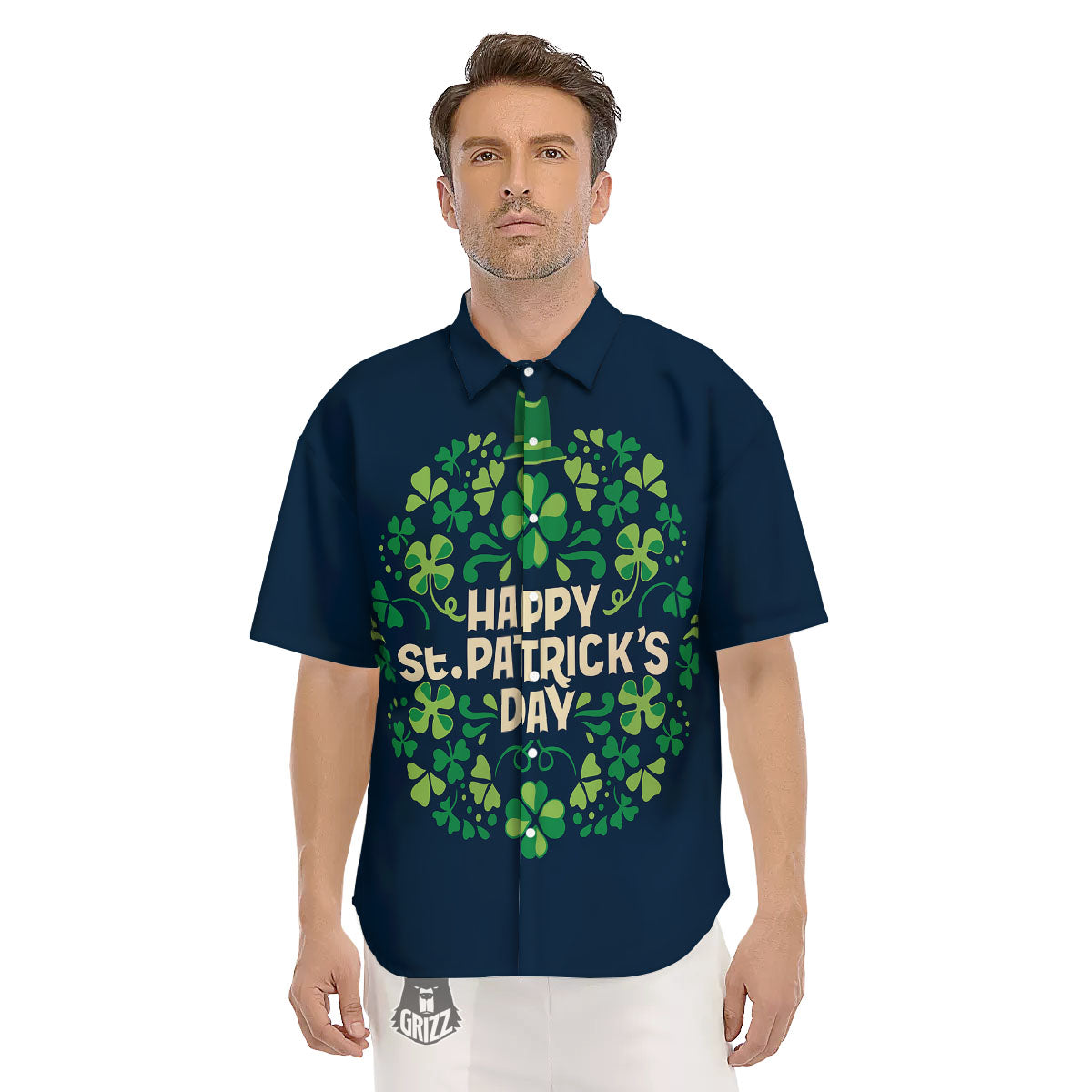 St. Patrick's Day Green Clover Print Men's Short Sleeve Shirts-grizzshop