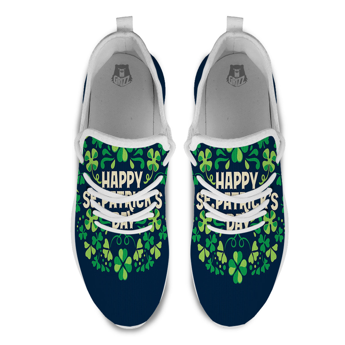 St. Patrick's Day Green Clover Print White Athletic Shoes-grizzshop