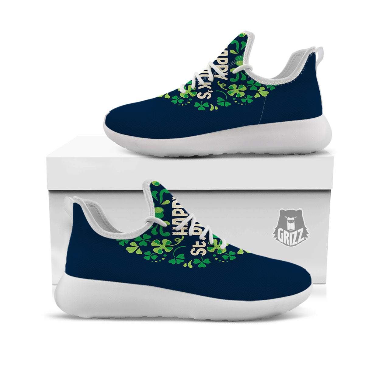 St. Patrick's Day Green Clover Print White Athletic Shoes-grizzshop