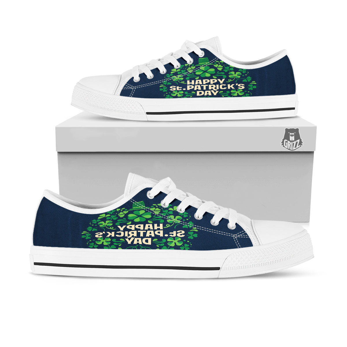 St. Patrick's Day Green Clover Print White Low Top Shoes-grizzshop