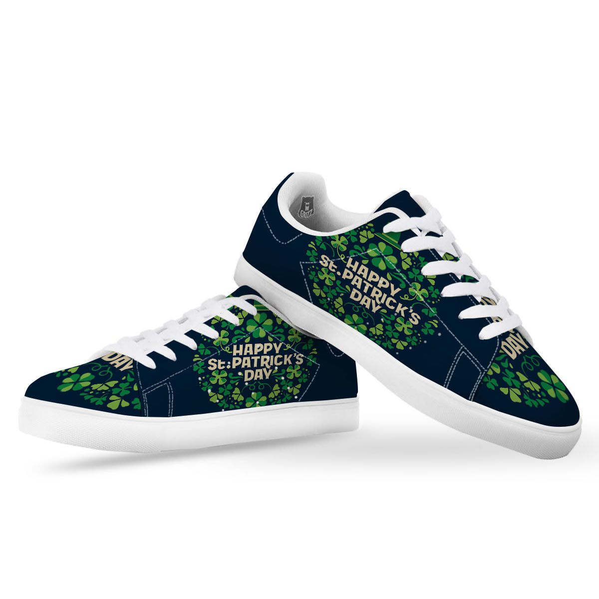 St. Patrick's Day Green Clover Print White Low Top Sneakers-grizzshop