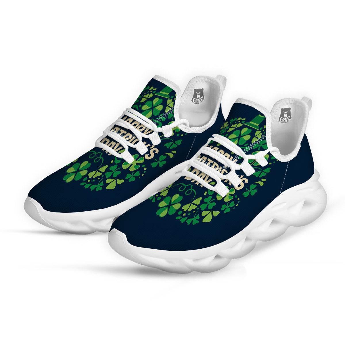 St. Patrick's Day Green Clover Print White Running Shoes-grizzshop