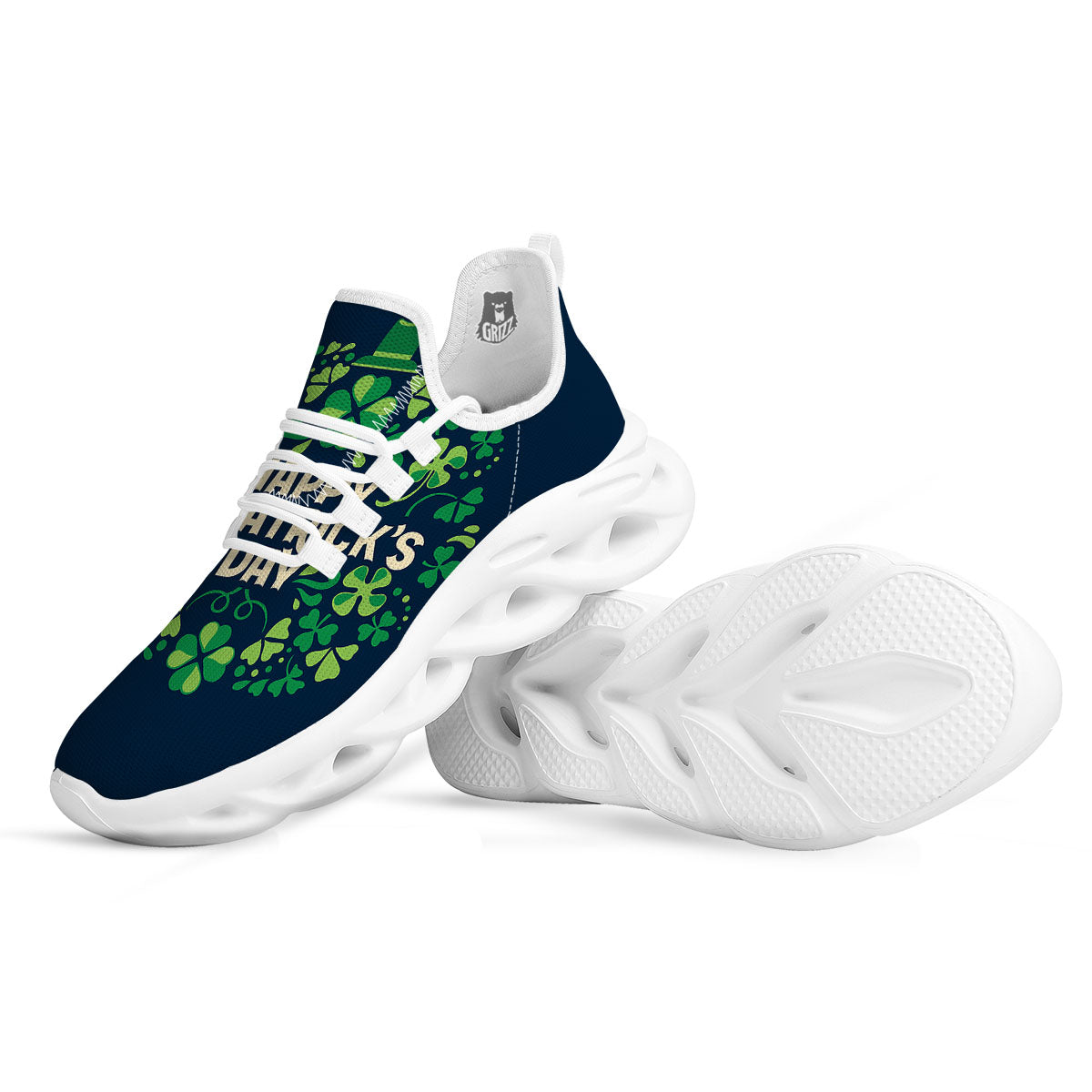 St. Patrick's Day Green Clover Print White Running Shoes-grizzshop