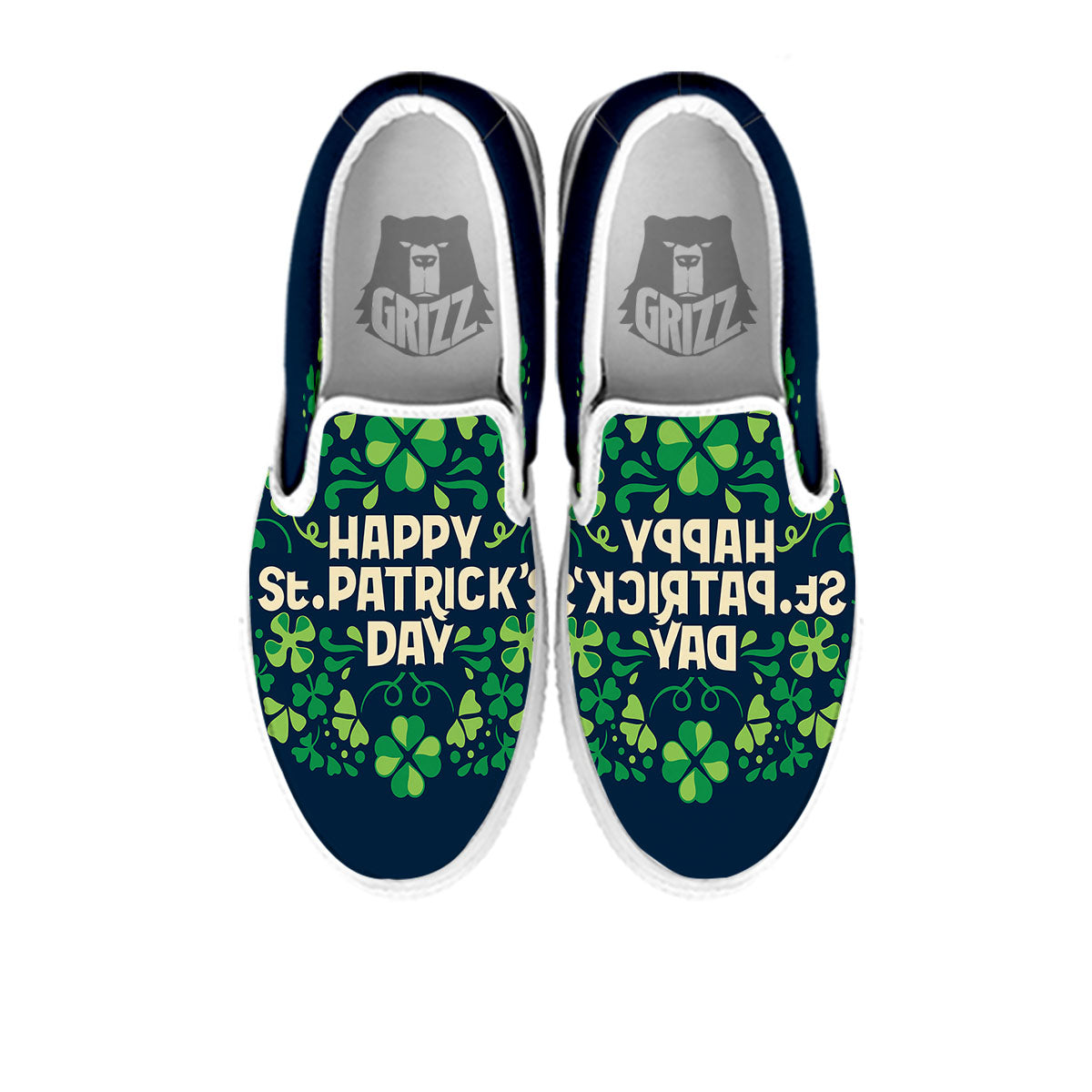 St. Patrick's Day Green Clover Print White Slip On Shoes-grizzshop