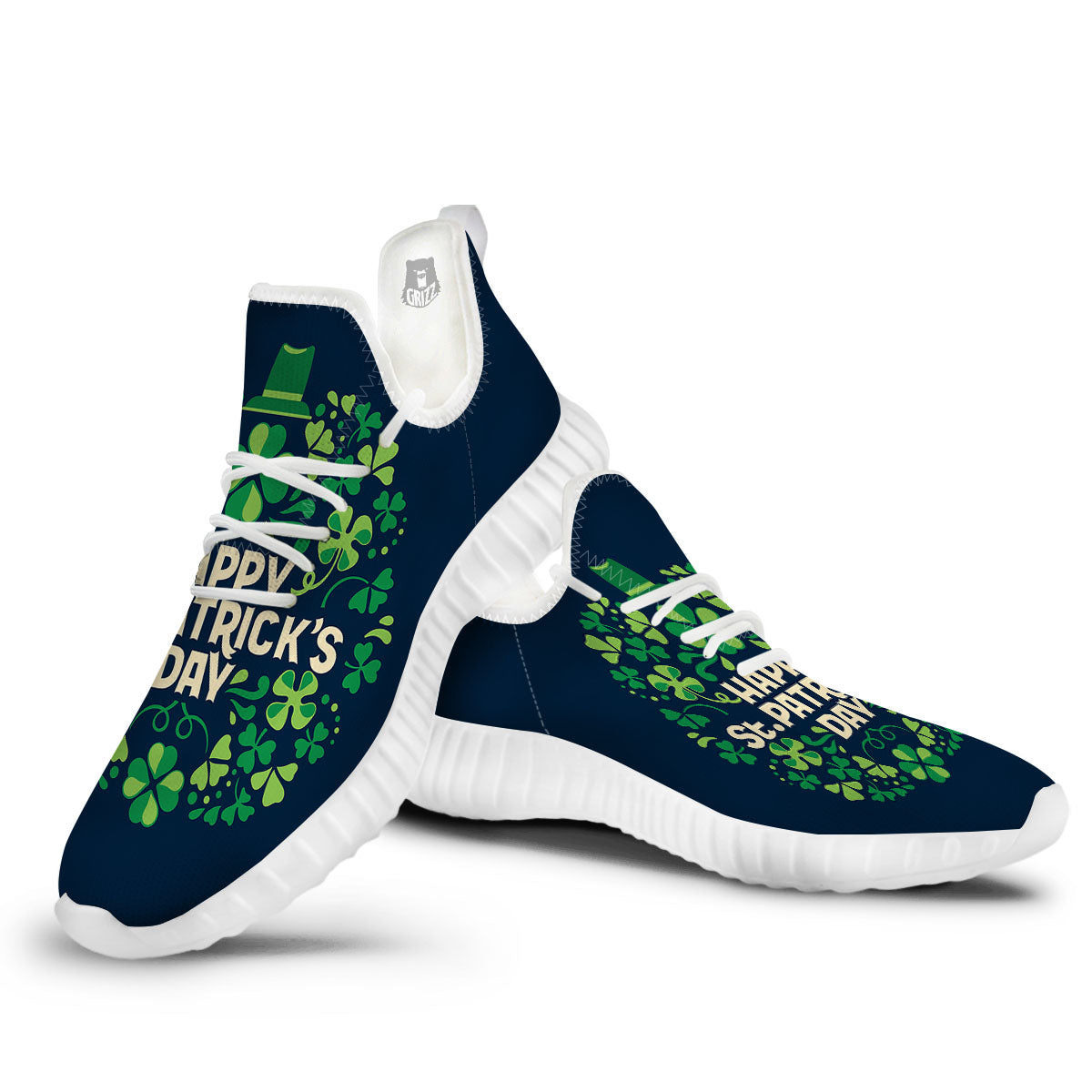 St. Patrick's Day Green Clover Print White Walking Shoes-grizzshop