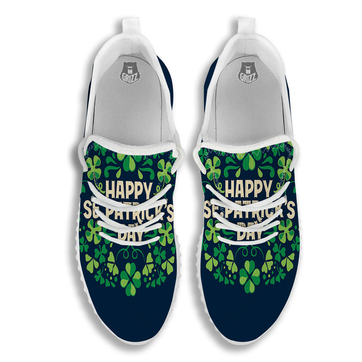 St. Patrick's Day Green Clover Print White Walking Shoes-grizzshop