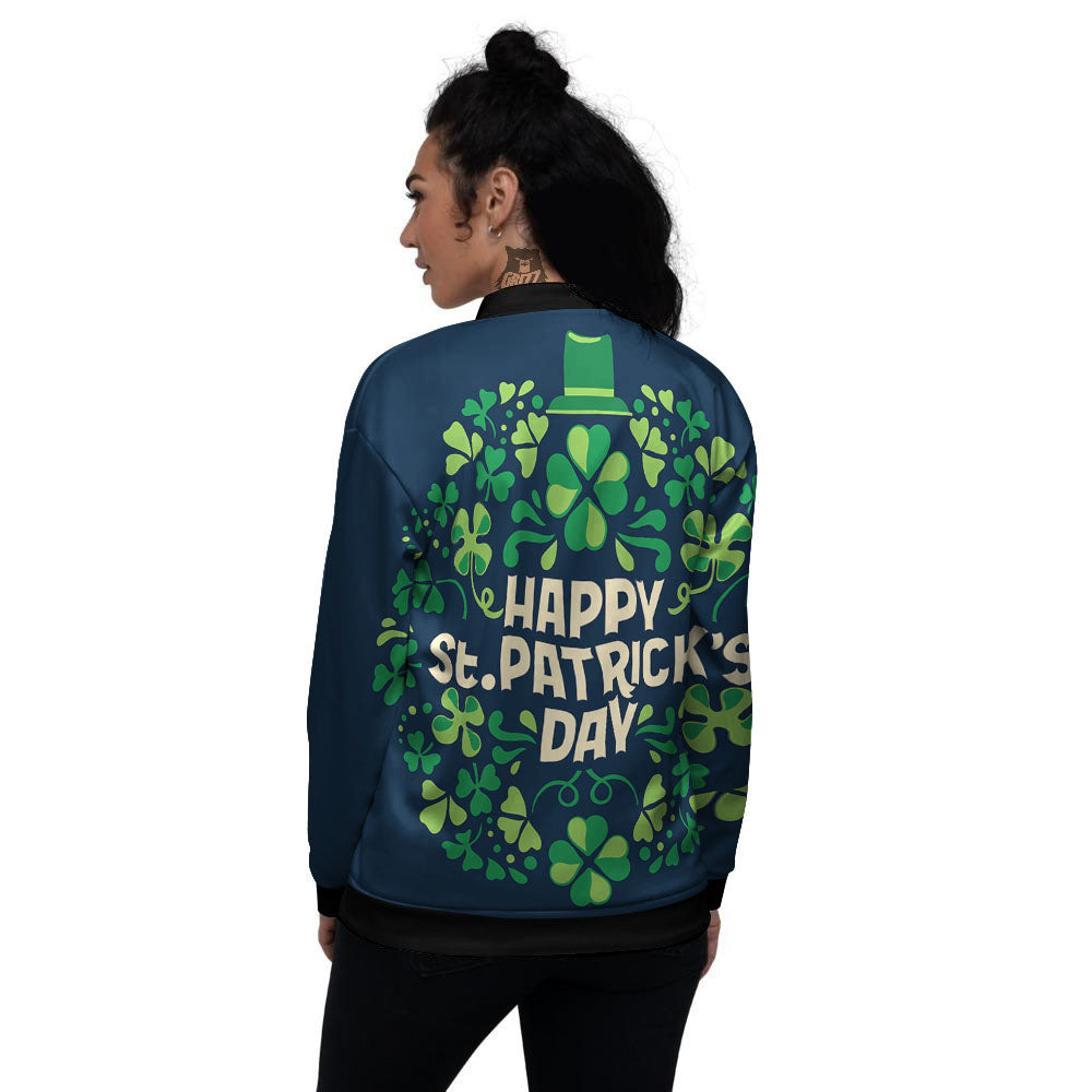 St. Patrick's Day Green Clover Print Women's Bomber Jacket-grizzshop