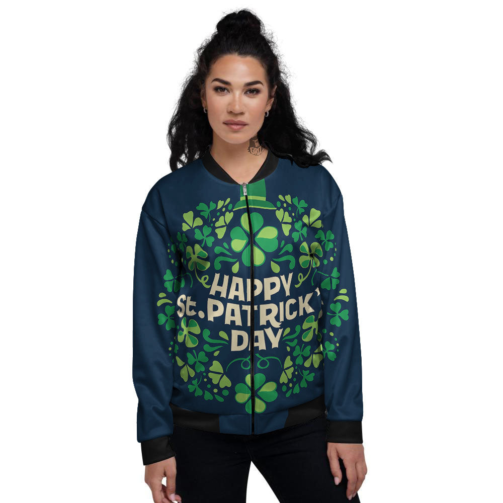 St. Patrick's Day Green Clover Print Women's Bomber Jacket-grizzshop