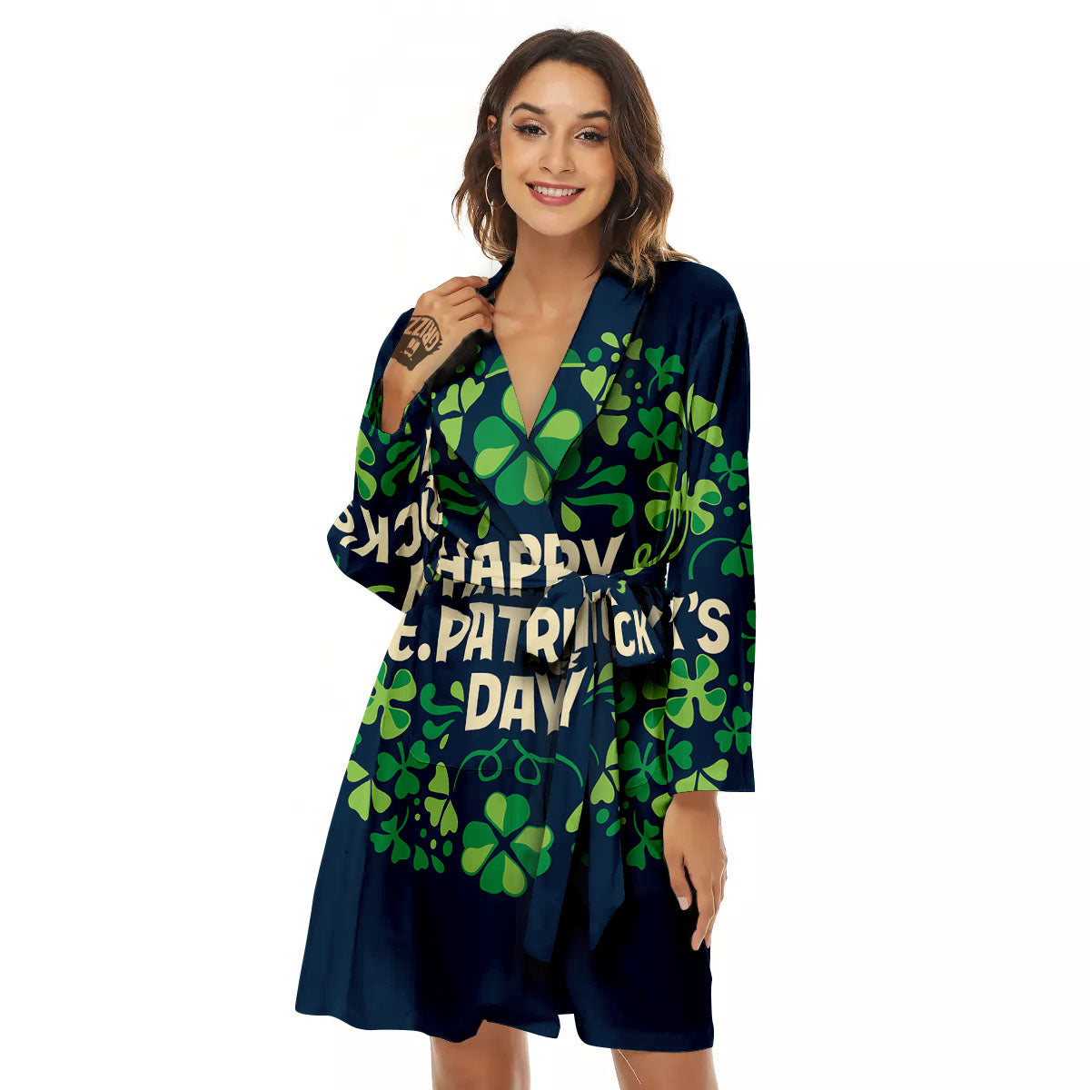 St. Patrick's Day Green Clover Print Women's Robe-grizzshop