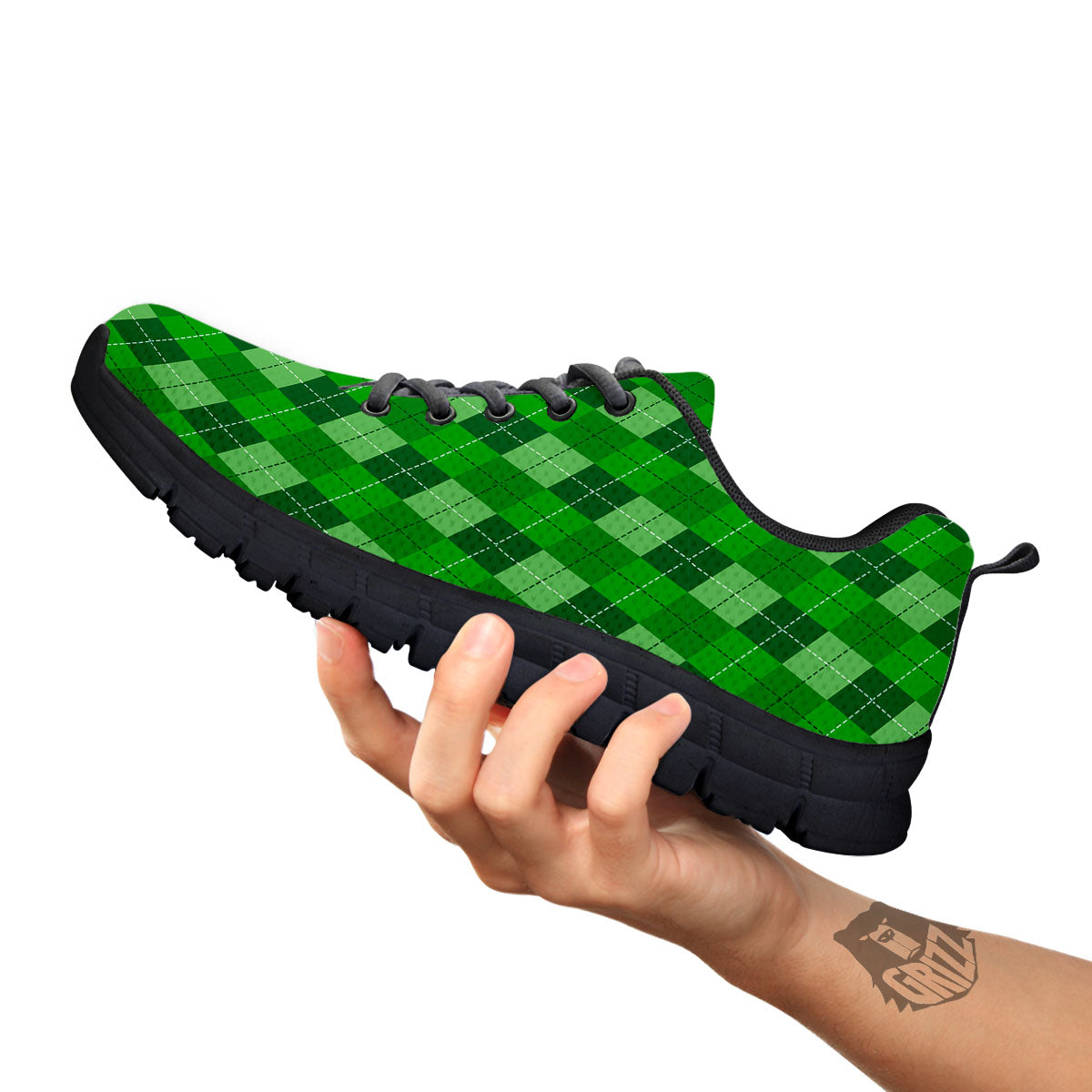 St. Patrick's Day Green Plaid Print Black Sneaker-grizzshop