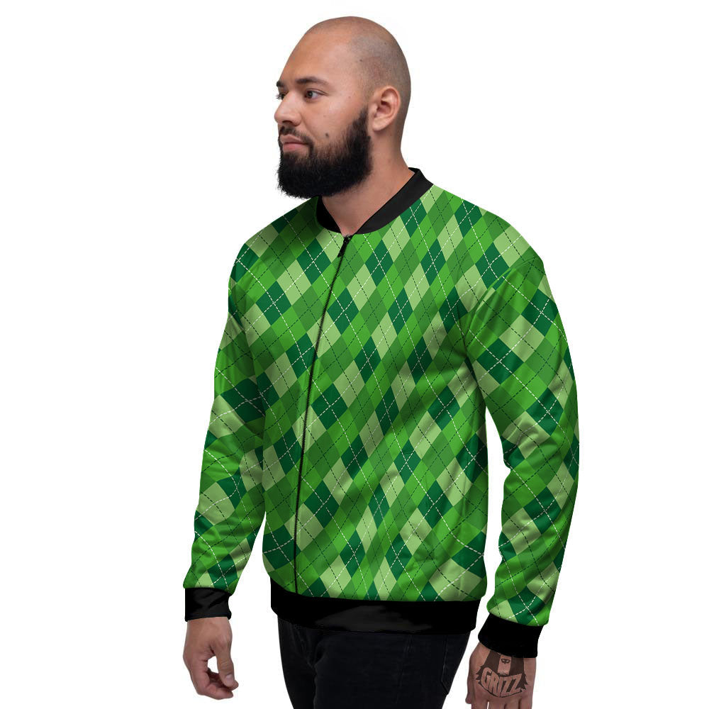 St. Patrick's Day Green Plaid Print Men's Bomber Jacket-grizzshop