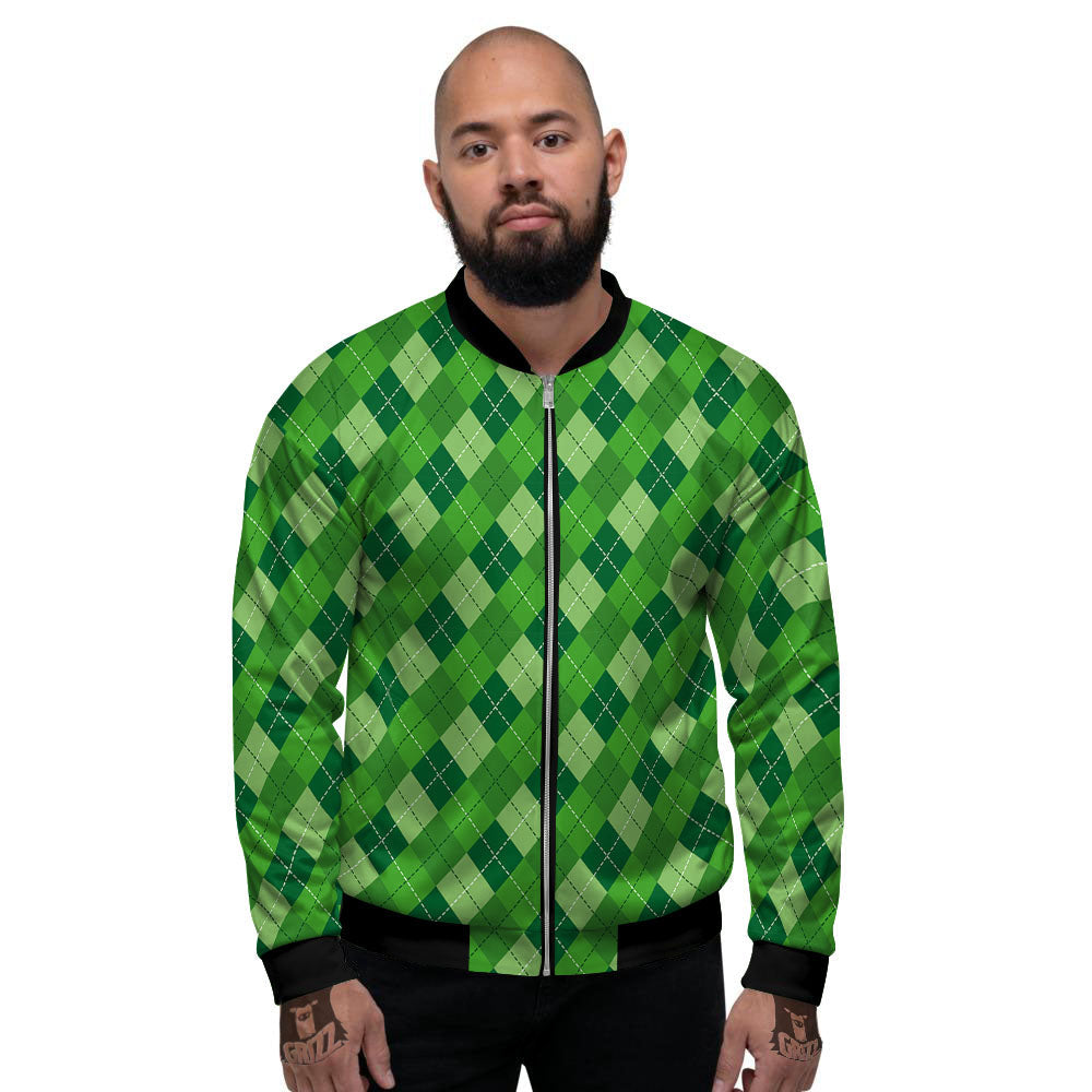 St. Patrick's Day Green Plaid Print Men's Bomber Jacket-grizzshop