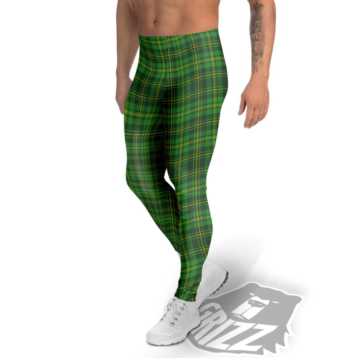 St. Patrick's Day Green Tartan Print Men's Leggings-grizzshop