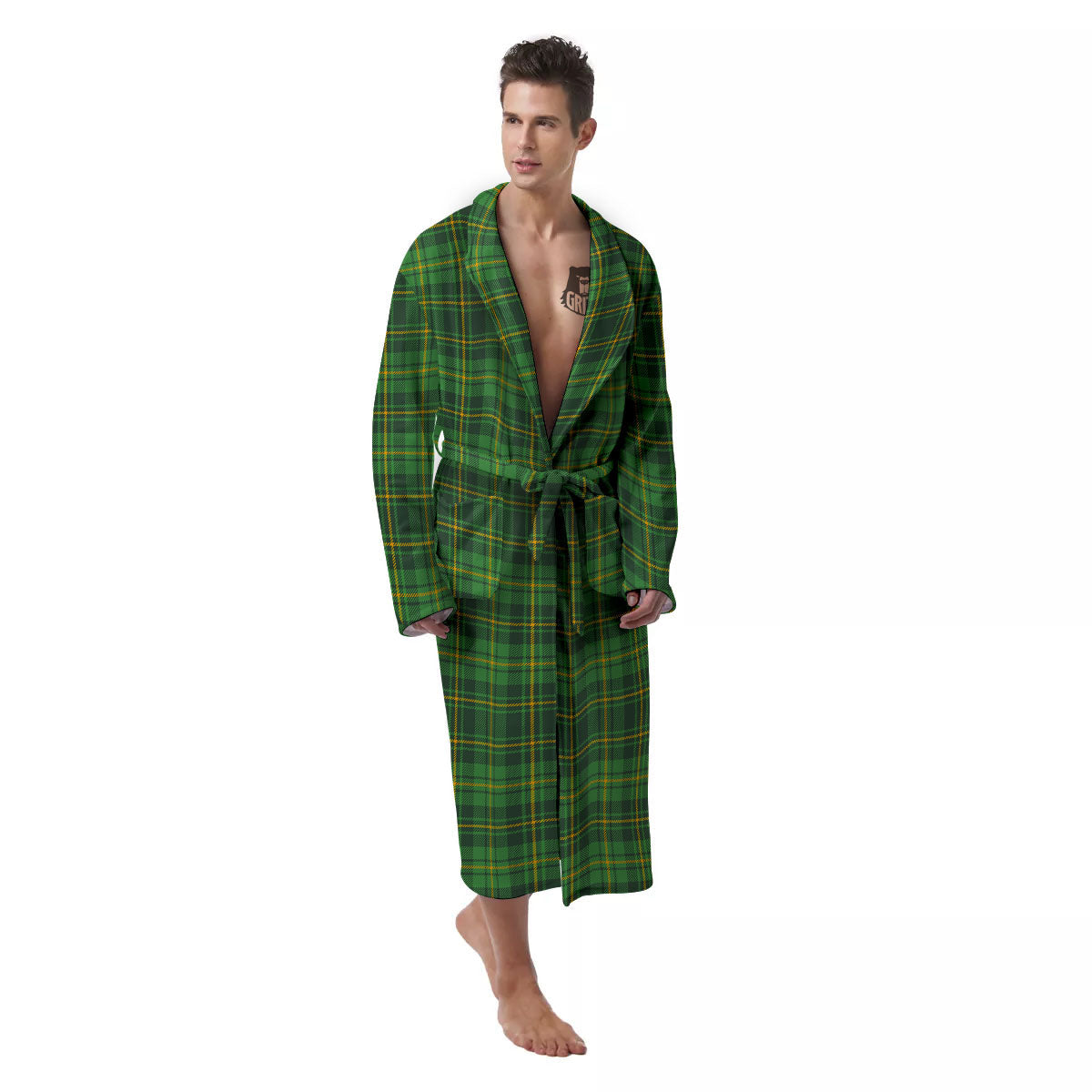 St. Patrick's Day Green Tartan Print Men's Robe-grizzshop