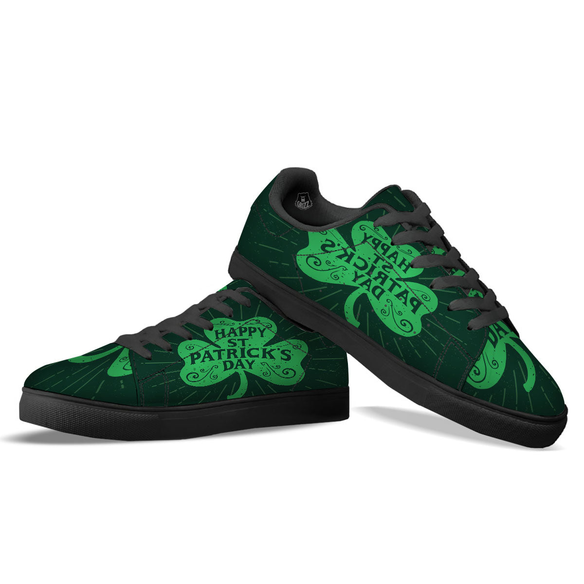 St. Patrick's Day Irish Clover Print Black Low Top Sneakers-grizzshop