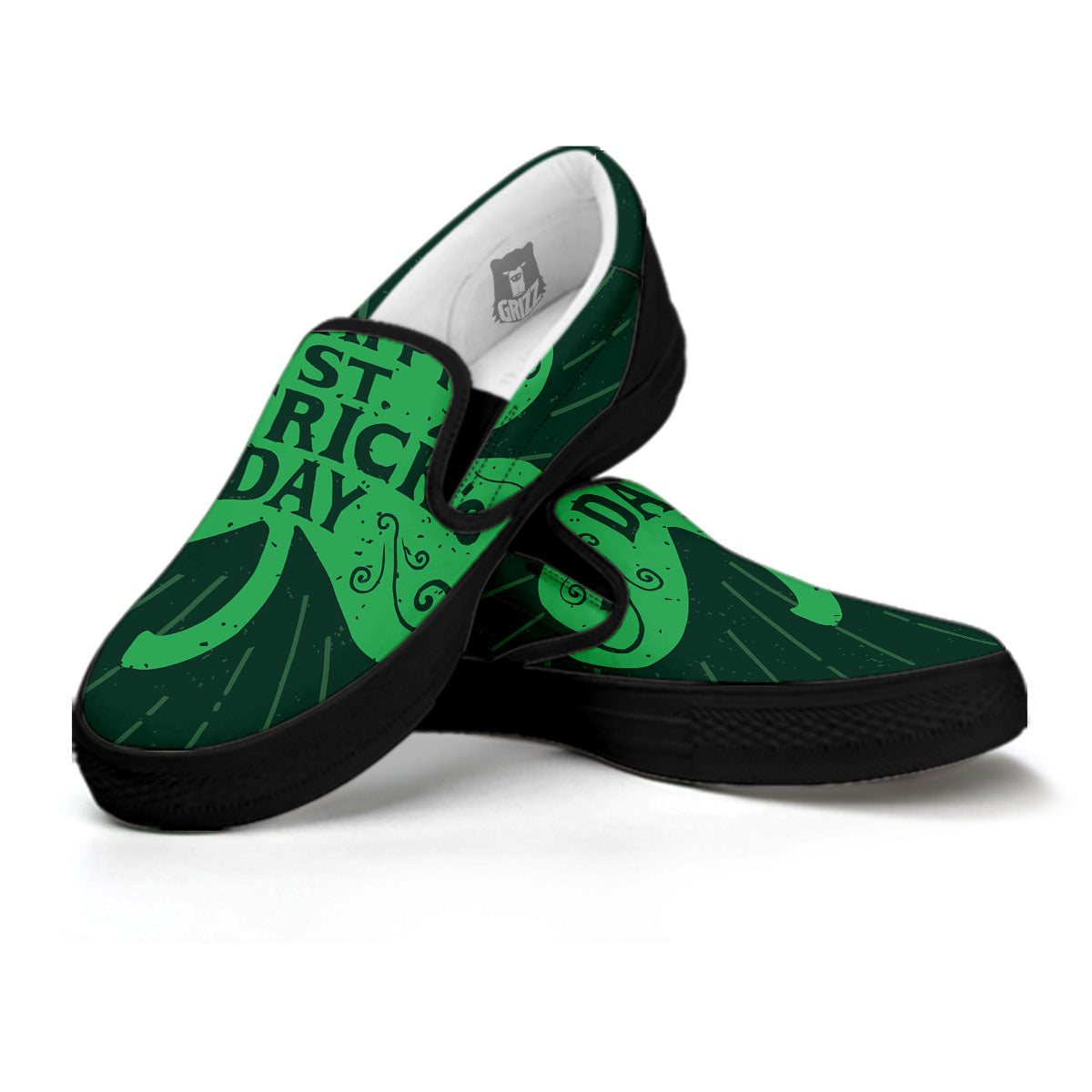 St. Patrick's Day Irish Clover Print Black Slip On Shoes-grizzshop