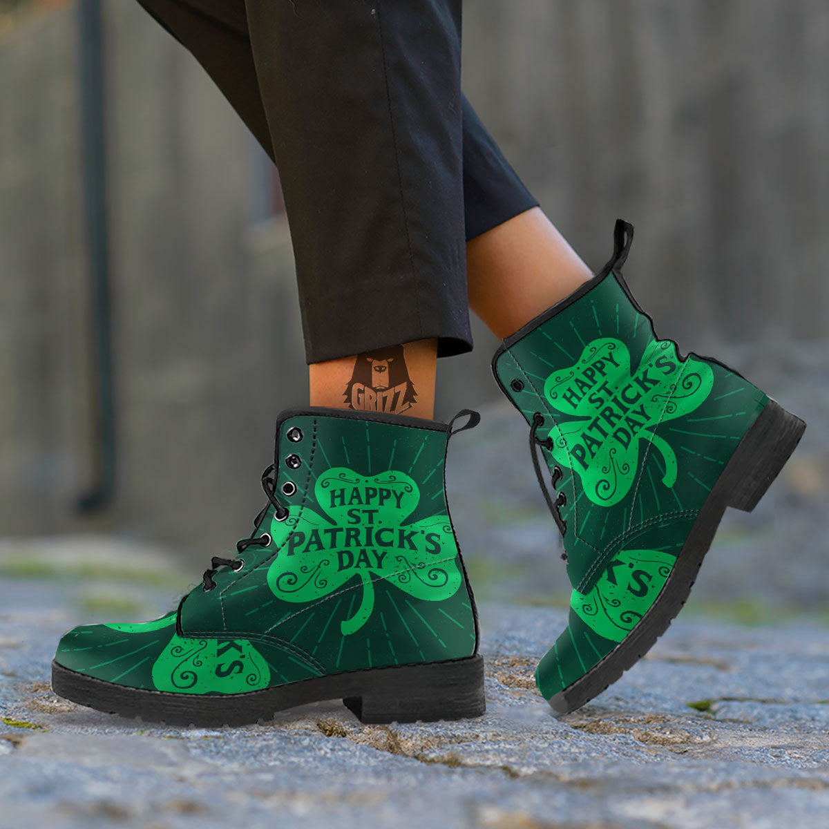 St. Patrick's Day Irish Clover Print Leather Boots-grizzshop