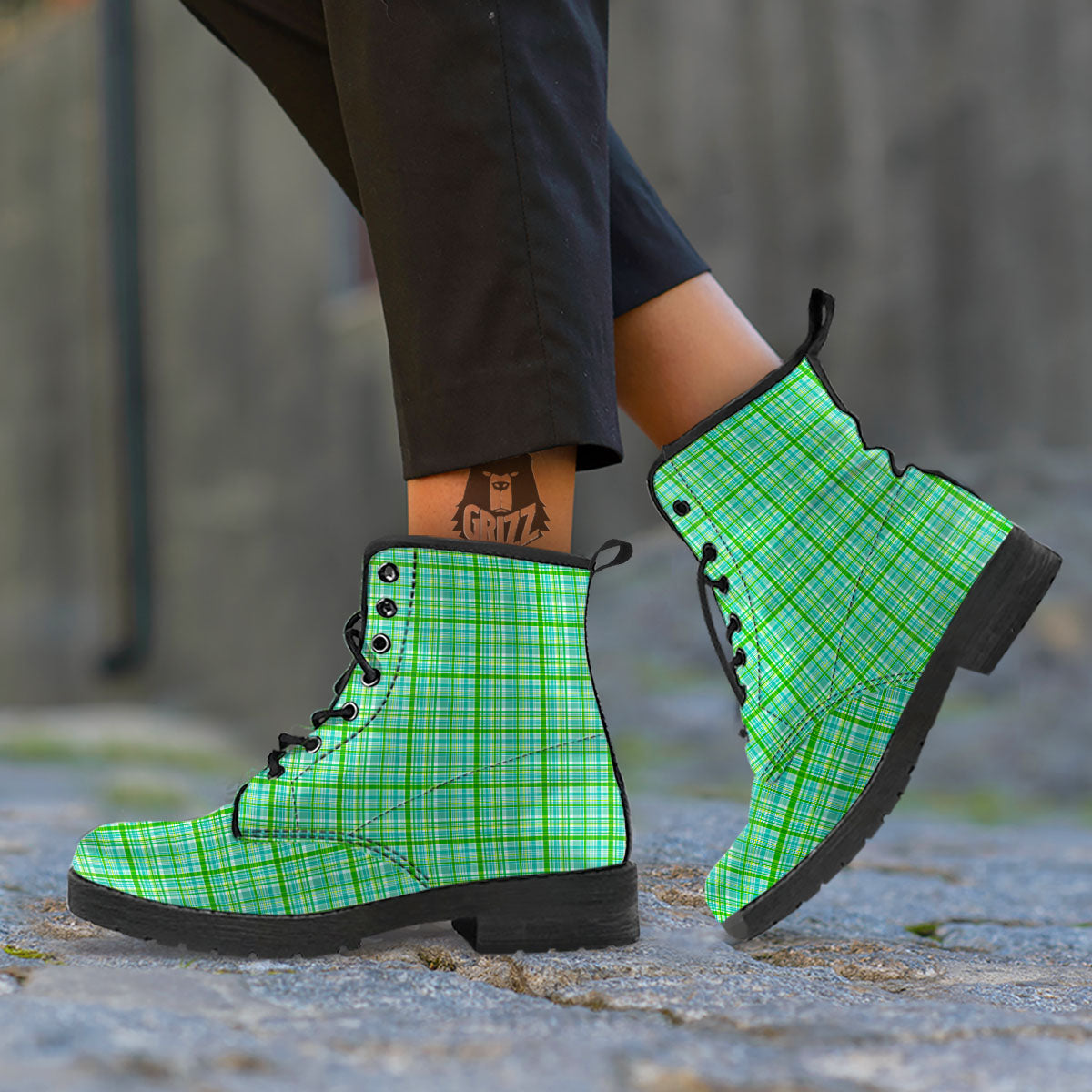 St. Patrick's Day Irish Plaid Print Leather Boots-grizzshop