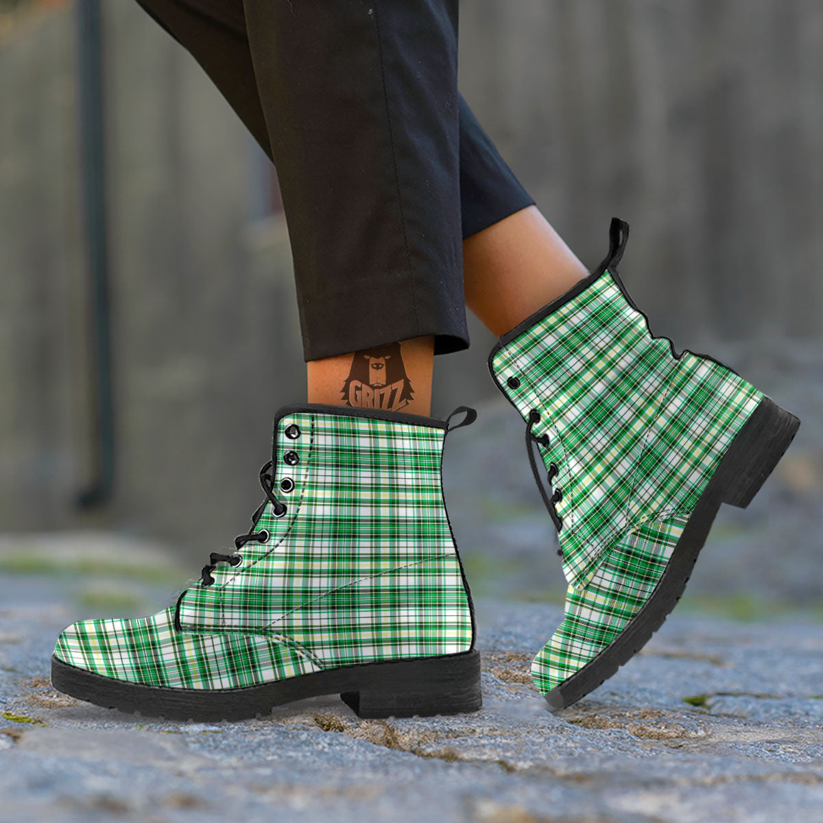 St. Patrick's Day Irish Tartan Print Leather Boots-grizzshop