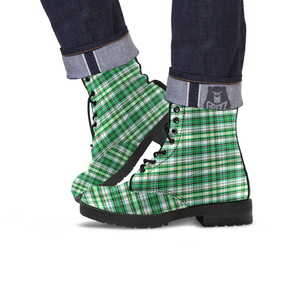 St. Patrick's Day Irish Tartan Print Leather Boots-grizzshop