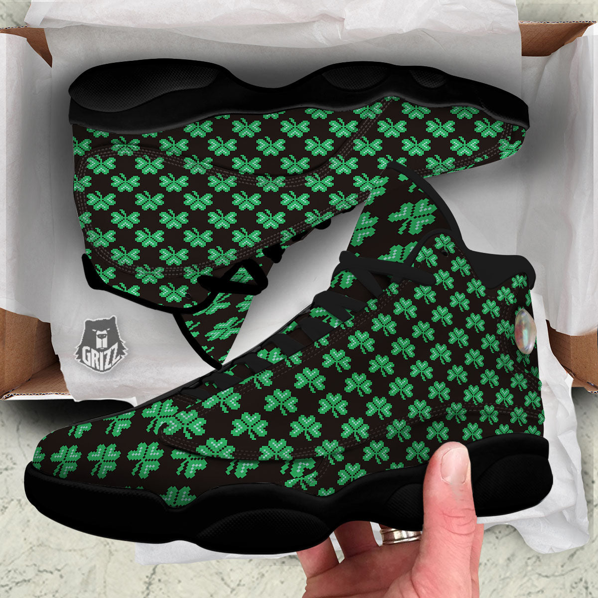 St. Patrick's Day Pixel Clover Print Pattern Black Basketball Shoes-grizzshop