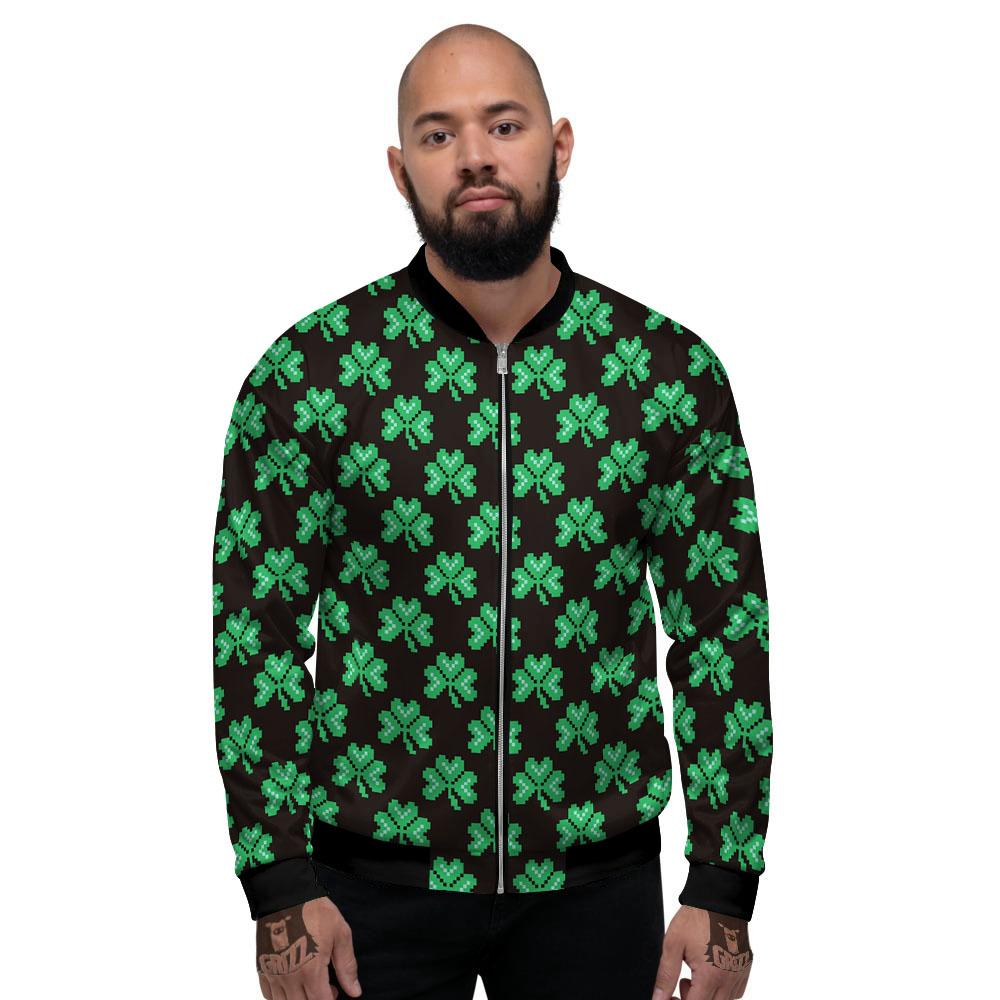 St. Patrick's Day Pixel Clover Print Pattern Men's Bomber Jacket-grizzshop