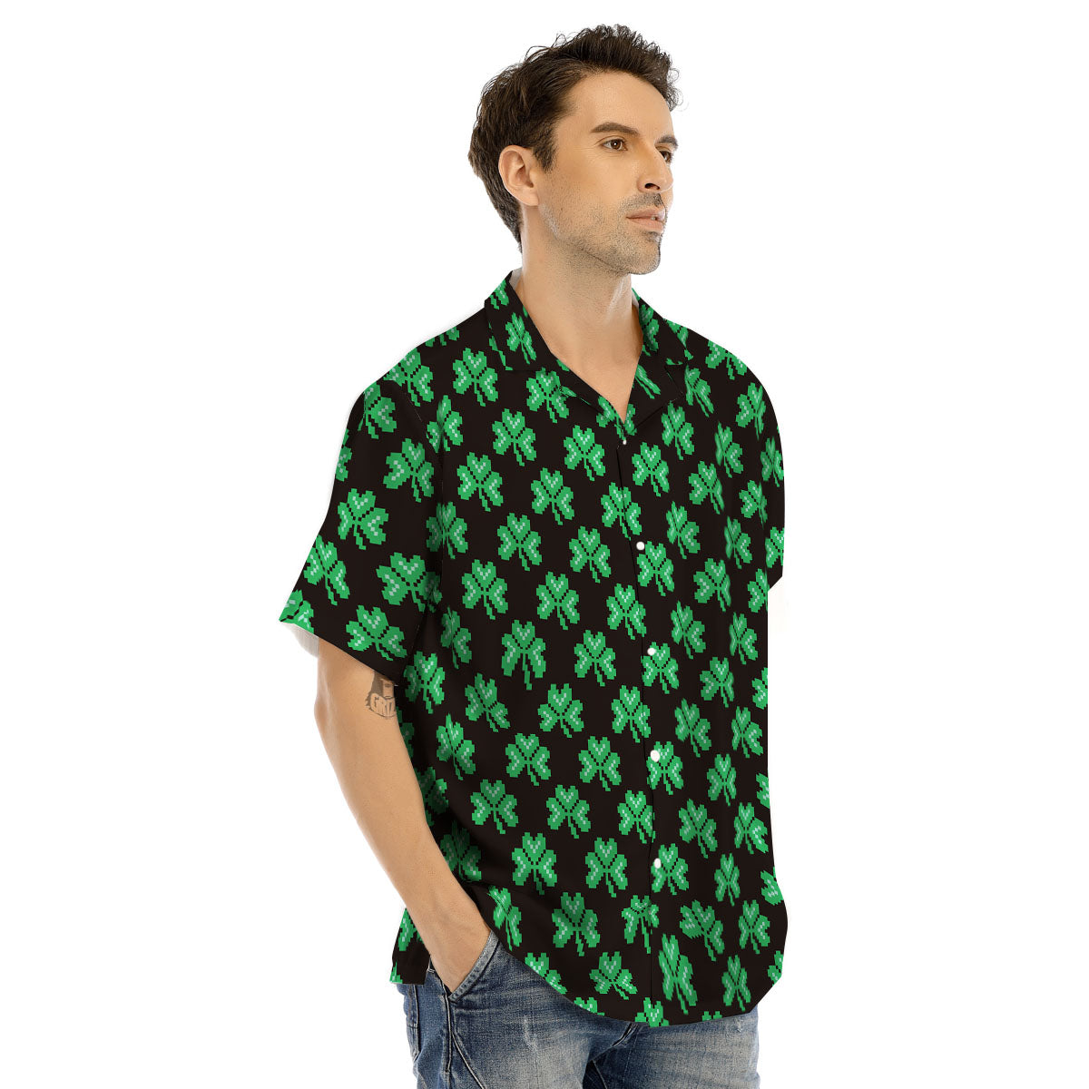 St. Patrick's Day Pixel Clover Print Pattern Men's Hawaiian Shirt-grizzshop