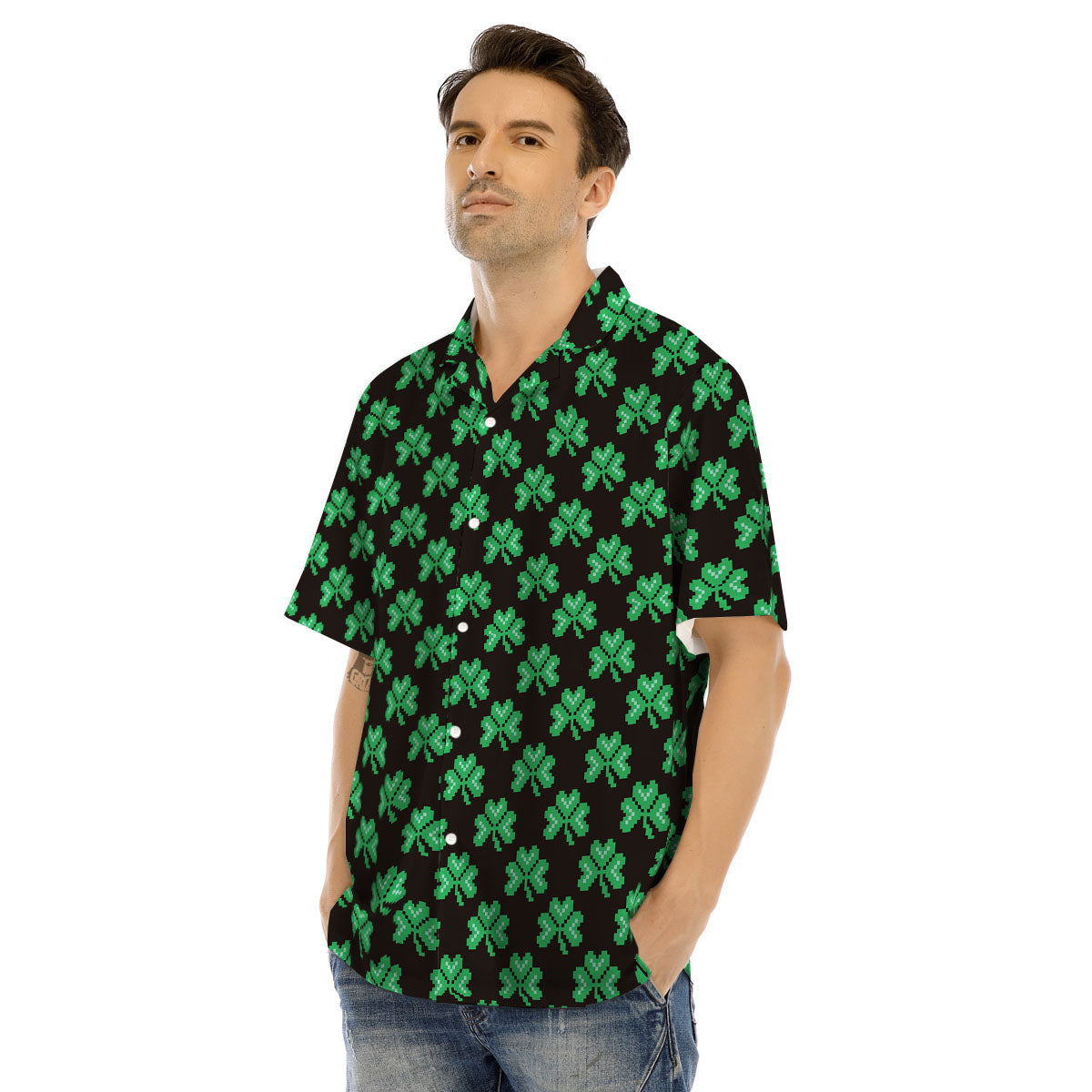 St. Patrick's Day Pixel Clover Print Pattern Men's Hawaiian Shirt-grizzshop