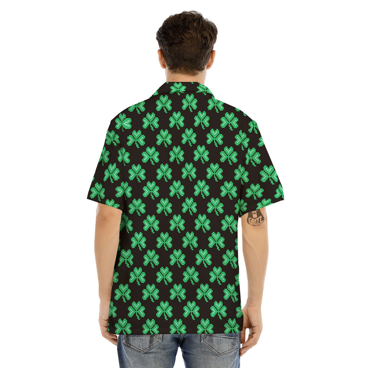 St. Patrick's Day Pixel Clover Print Pattern Men's Hawaiian Shirt-grizzshop