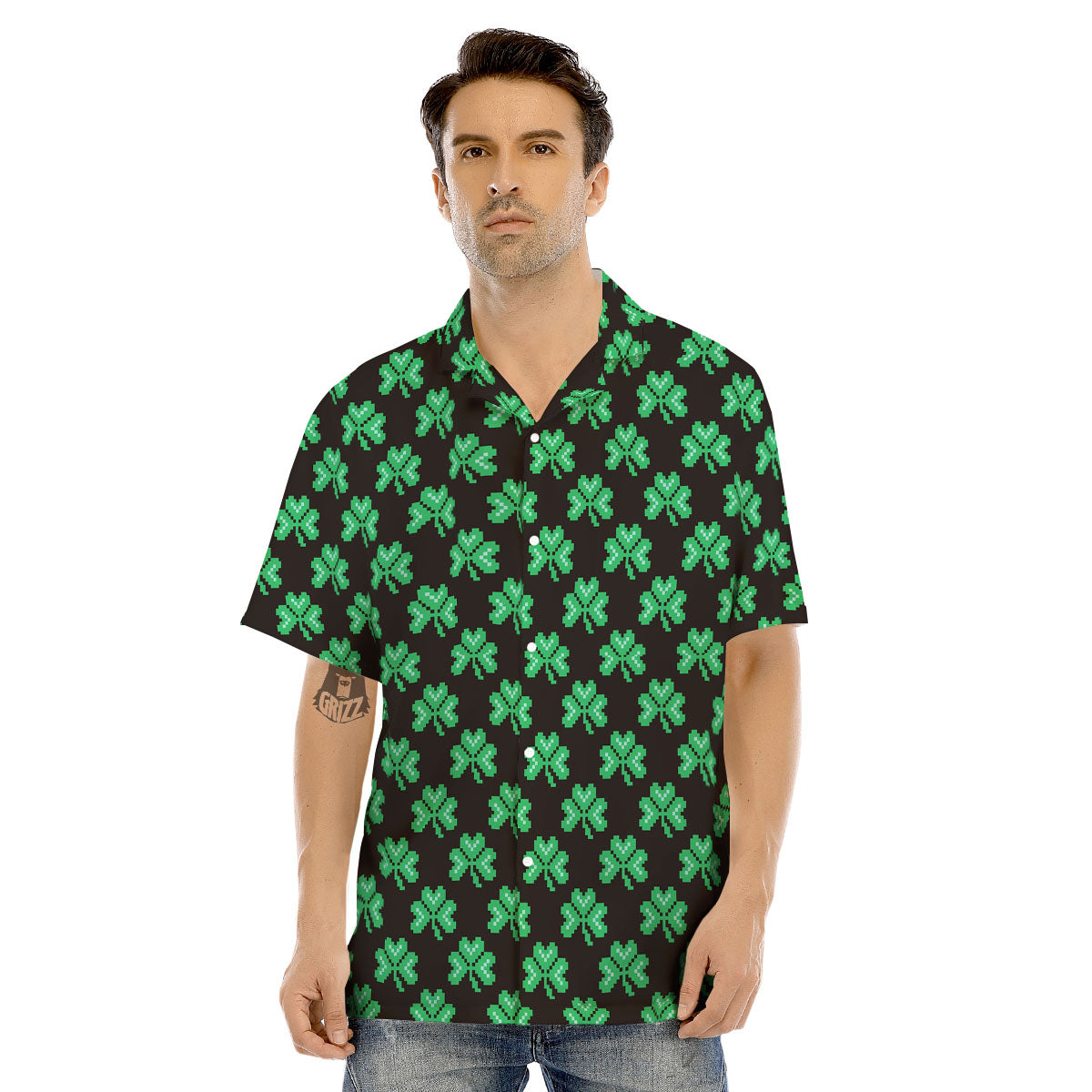 St. Patrick's Day Pixel Clover Print Pattern Men's Hawaiian Shirt-grizzshop