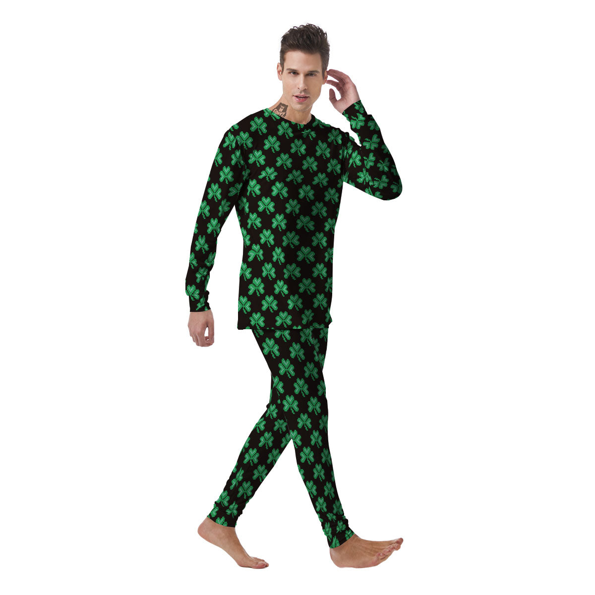 St. Patrick's Day Pixel Clover Print Pattern Men's Pajamas-grizzshop