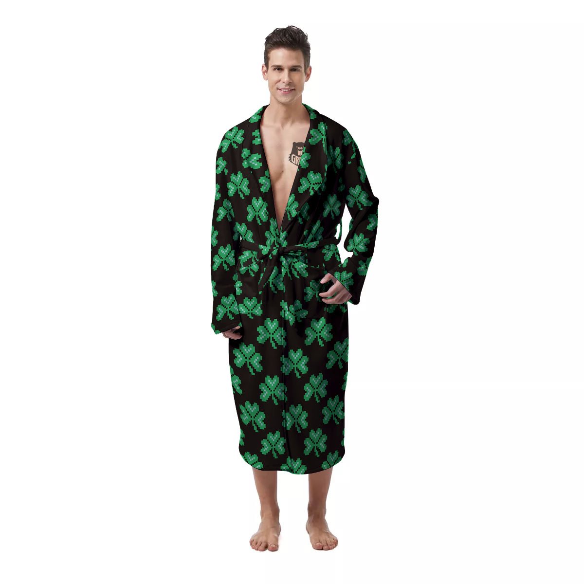 St. Patrick's Day Pixel Clover Print Pattern Men's Robe-grizzshop