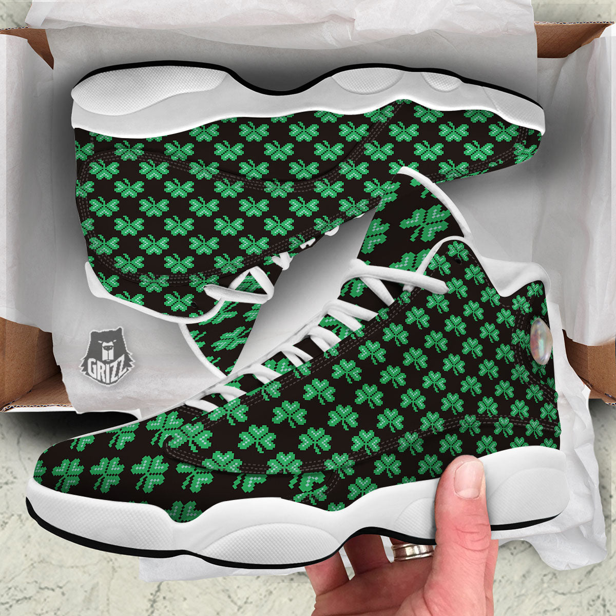 St. Patrick's Day Pixel Clover Print Pattern White Basketball Shoes-grizzshop