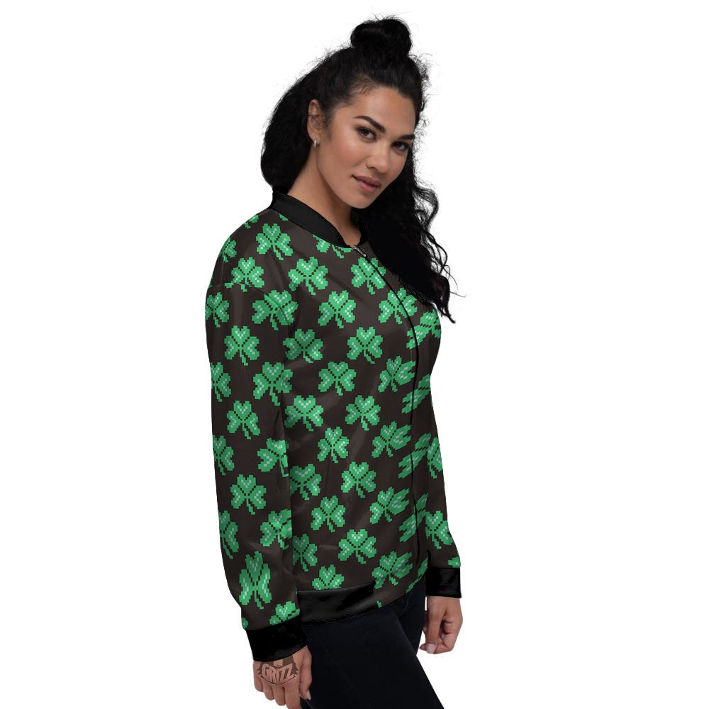 St. Patrick's Day Pixel Clover Print Pattern Women's Bomber Jacket-grizzshop